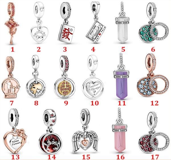 Echtes 925er Sterlingsilber für Pandora-Armband-Charms, DIY-Zubehör, neuer Glücks-Amulett-Anhänger, Perlen, Liebesherz, blauer Crysta-Charm für DIY-Perlen-Charms