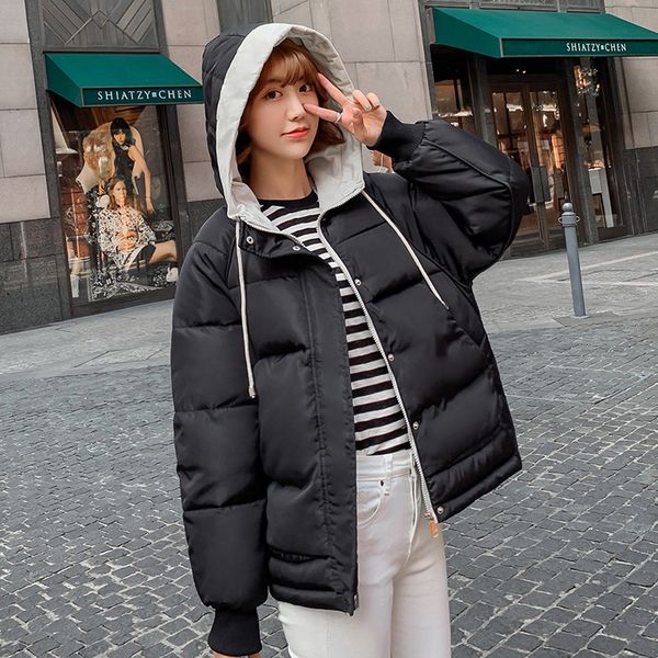 

down winter cotton coats women korean style thicken bubble coat oversized color patchwork hooded padded jackets, Black