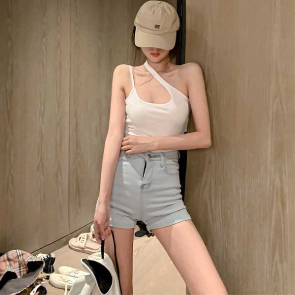 

nightclub irregular vest female oblique shoulders careful machine suspenders blouse short slim solid color summer 210604, White