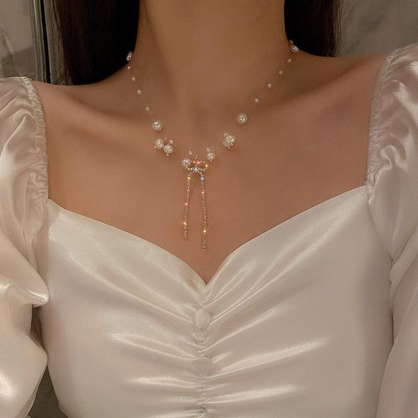 

pendant necklaces luxury rhinestone long tassel bow necklace banquet wedding ladies exquisite pearl light clavicle chain jewelry, Silver