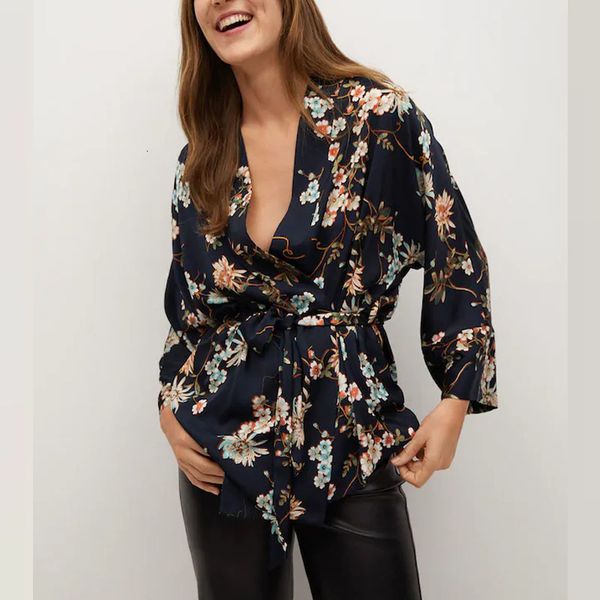 

dresses za flower print kaftan women long sleeve cross v neck vintage shirt female fashion removable belt fitted blouse, Black;gray
