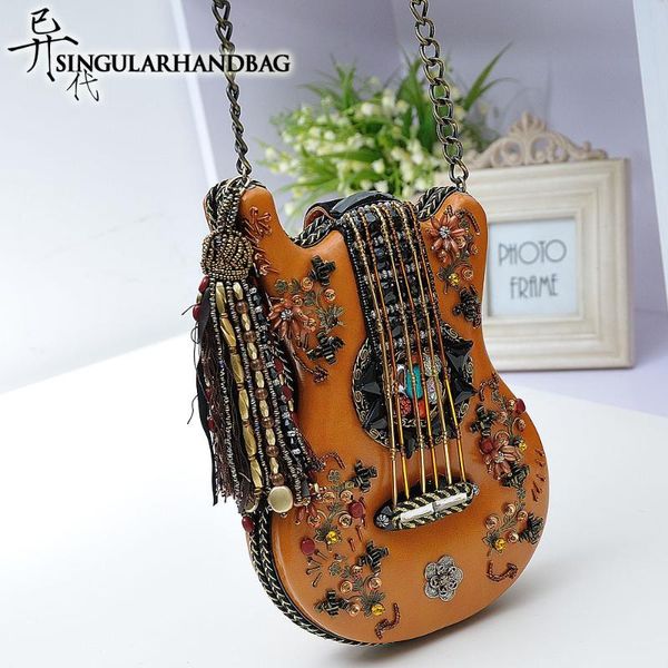 

evening bags doudou handmade women's bag guitar modeling 2021 retro leisure beaded chain small single shoulder slant spa