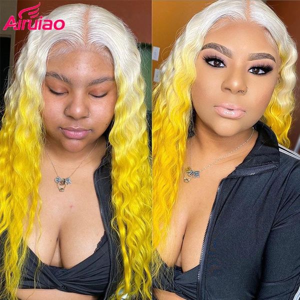 

lace wigs deep wave frontal wig ombre 613 blonde front human hair hd transparent pre plucked full gluelss 180% yellow colored, Black;brown