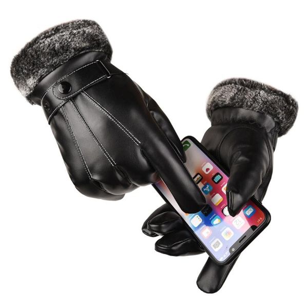 

five fingers gloves men' black winter mittens keep warm touch screen windproof driving guantes male autumn pu leather business, Blue;gray