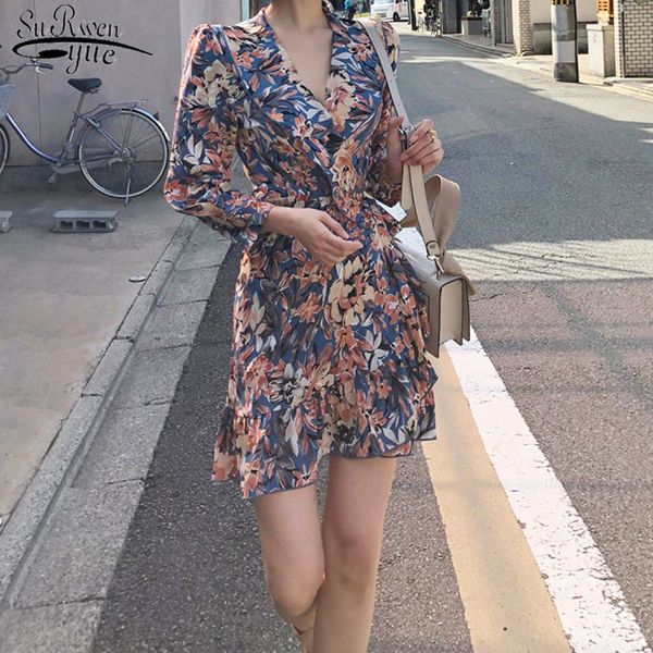 

vintage chic summer floral women dress long sleeve print short party elegant high waist female es vestidos 13929 210427, Black;gray