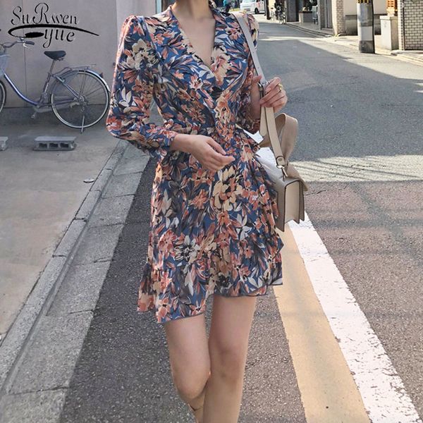 Vintage Chic Verão Floral Mulheres Vestido Manga Longa Imprimir Partido Curto Elegante Cintura Alta ES Vestidos 13929 210427