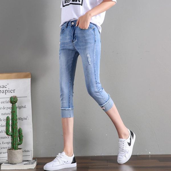 

skinny capris jeans woman summer 2021 blue denim knee length women's polka dot pants capri for women jean femme