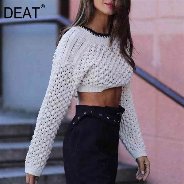 

[deat] white fashion spring autumn round neck hollow out backless drawstring knitting loose sweater women 13c215 210922, White;black