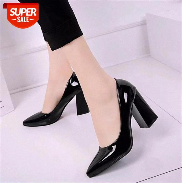 

patent leather high heels pumps women shoes pointed square heel black office female shallow slip-on party #c50r