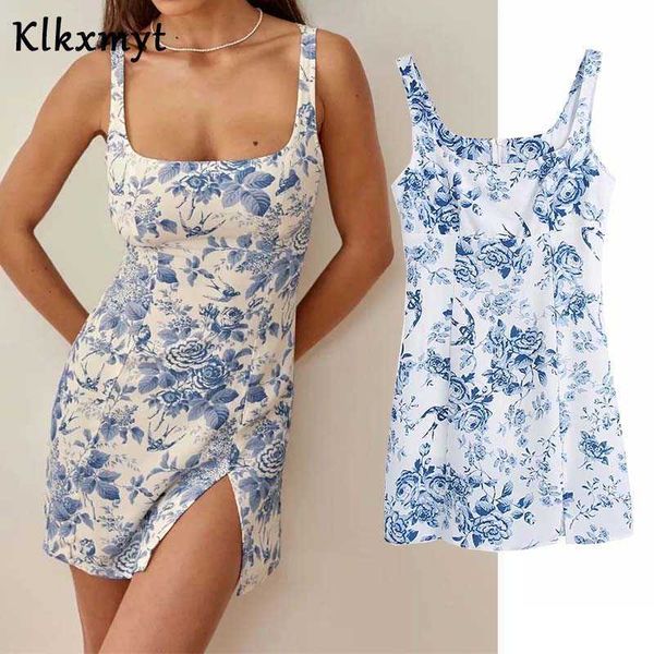 

klkxmyt za women summer dress fashion flower print mini backless hem split back zipper female party es vestido 210527, Black;gray