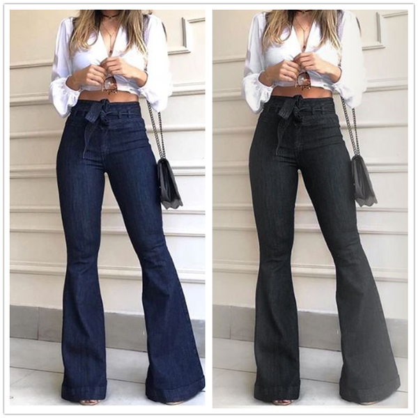 

denim flared pant for women high waist lace-up jeans casual trousers female spring and autumn clothing s-2xl drop shipping, Blue