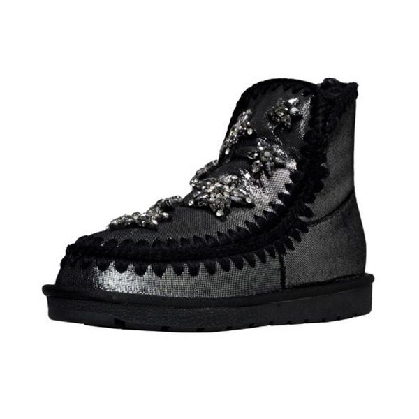 

boots style keep warm snow winter handmade hook line rhinestone star thick bottom wool short women ankle shoes, Black