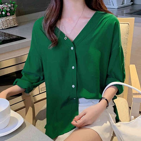 

casual plus size button cardigan blouse v neck blusas mujer autumn korean solid long sleeve women shirts blue 10322 210415, White