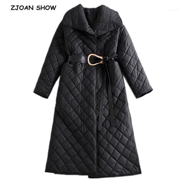 

women's down & parkas 2021 winter lapel quilting plaid stay warm parka coat with belt women extra long trench jacket outerwear elegant, Black