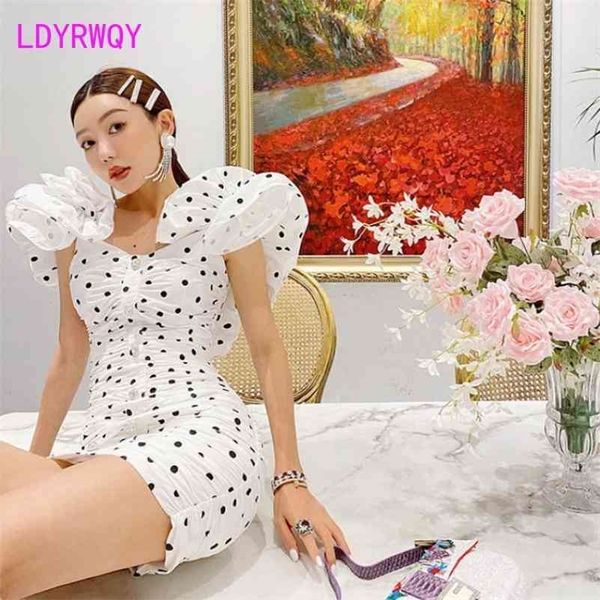 

summer style v-neck polka dot single-breasted diamond buckle pleated ruffle dress waist office lady 210416, Black;gray