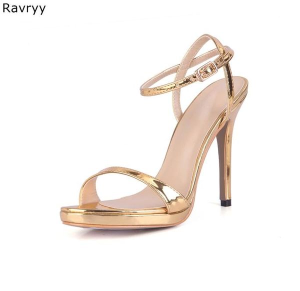 

concise style woman golden sandals smooth leather ankle buckle pumps thin heel female dress shoes heels, Black