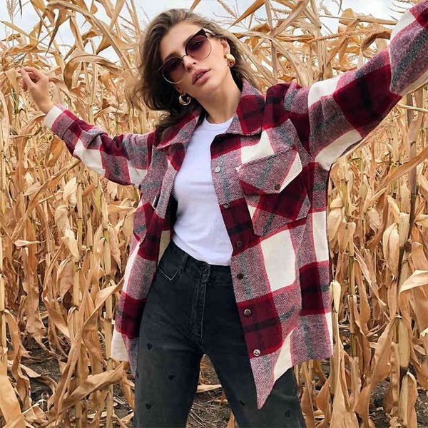 

shirts ladies autumn and winter lapel pocket button thick plaid shirt plus size clothing for women, White