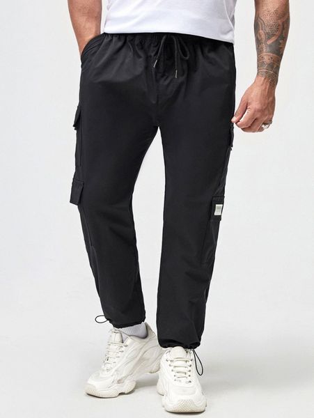 

extended sizes men slogan patched detail flap pocket drawstring waist cargo pants y16x#, Black