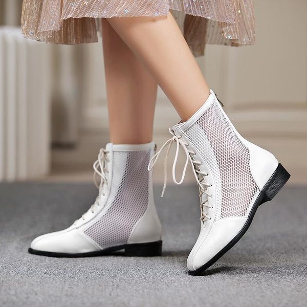 

boots summer round toe women ankle air mesh breathtable female shoes zipper ladies low heels booties hollow out, Black