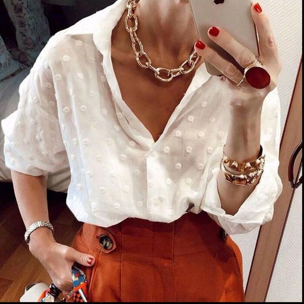 

fashion women shirts autumn long sleeve dot mesh office shirt ladies v neck button polka tee, White