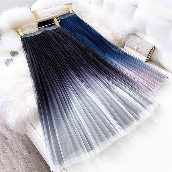 

danjean starry sky gradient mesh skirt female spring high waist tulle pleated skirt fairythin a-line skirt streetwear, Black;gray