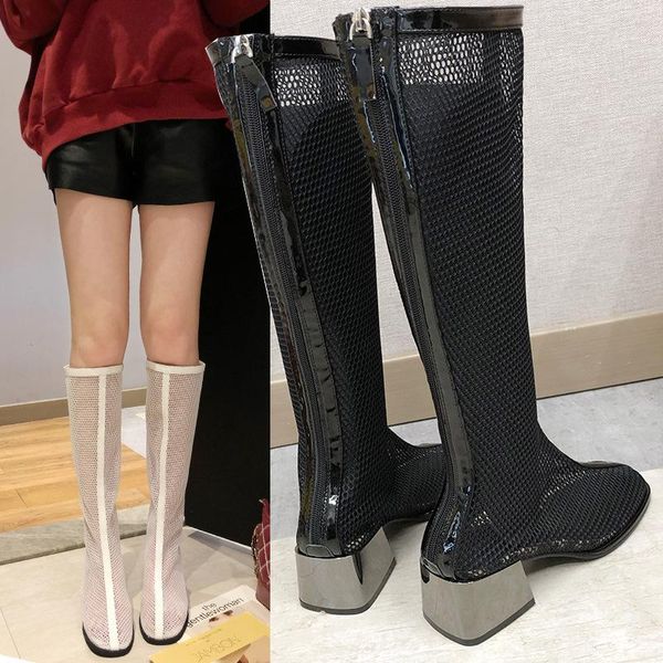 

sandals net boots hollow thick heel red thin children's summer yarn long tube cool high roman, Black