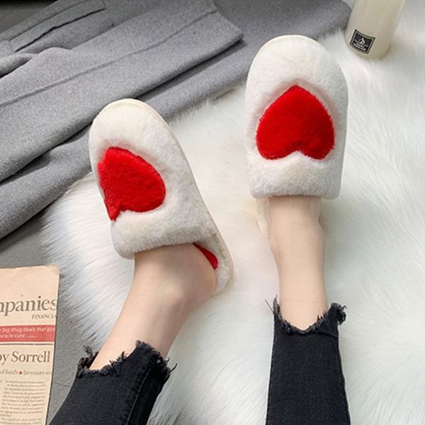 

women home slippers winter warm shoes slip on flats slides female love heart 36-41 plush slipper 2021 fashion, Black