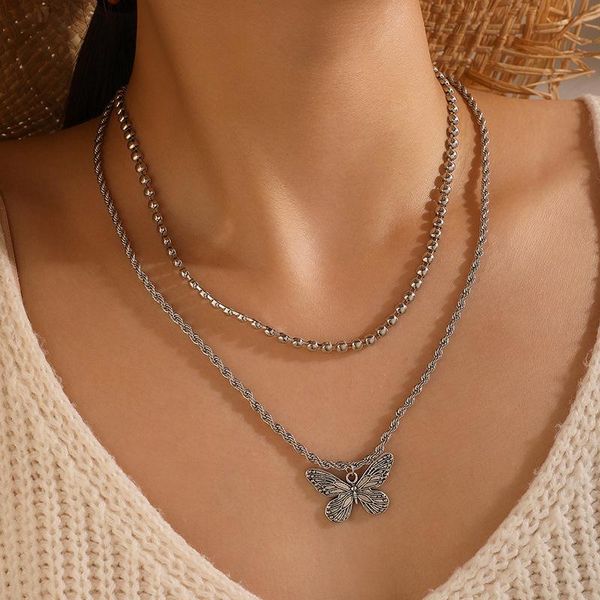 

chains bohemian butterfly pendant necklace for women silver color alloy metal multilayer chain choker jewelry gift
