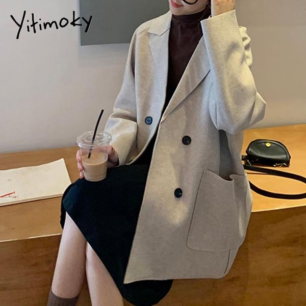 

women's suits & blazers yitimoky woman jacket wool blend long coat casual 2021 autumn winter double breasted solid pockets fashion kore, White;black
