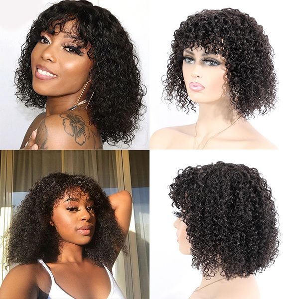 

human hair afro kinky curly wigs 150% density 12 inches in 4 colors capless wig perruques de cheveux humains rqya2008, Black;brown