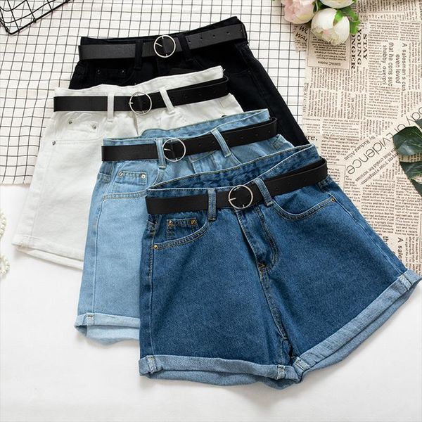 

sashes casual denim crimping womens short high waist slim summer jeans feminino chic ladies bottom harajuku, White;black
