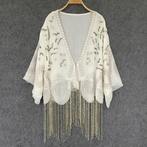 

women's blouses & shirts yamdi -colored cardigan chiffon boho handmade v neck beaded tassel embroidery casual summer blouse women blusa, White