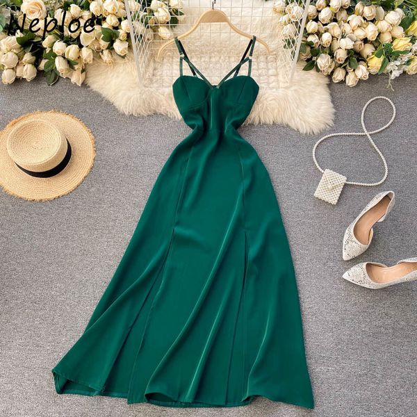 

neploe summer bohemian holiday dress women v neck sleeveless camis long vestidos high waist hip a line long robe summer 210510, Black;gray