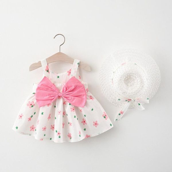 

summer toddler girls dresses cute flower baby princess dress with hat party sleeveless bow kids outifts child clothes sets clothing, White