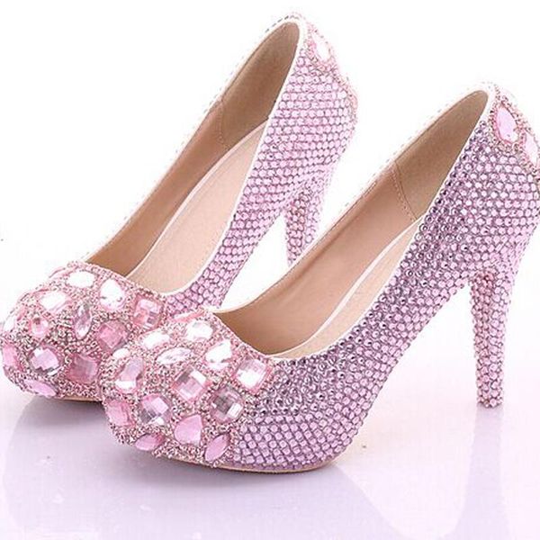 

luxury pink candy color pumps rhinestone princess bridal wedding shoes for woman high heel shoe graduation prom dress, Black