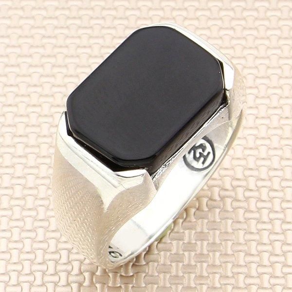 

plain rectangle black onyx stone men silver ring made in turkey solid 925 sterling cluster rings, Golden;silver