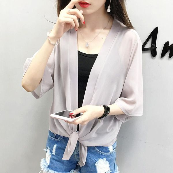 

women's blouses & shirts sale women summer mesh kimono cardigan sun blouse cover up s outwear plus size 3xl 3/4 sleeve sunproof coat c, White