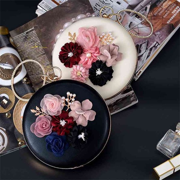

new korean round pu flower bridal ring handbag hand women's banquet chain bag