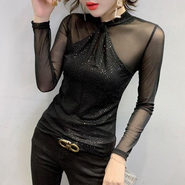 

women's t-shirt 2021 women spring slim mesh sequins patchwork long sleeve tees off shouder korean camiseta mujer a86, White