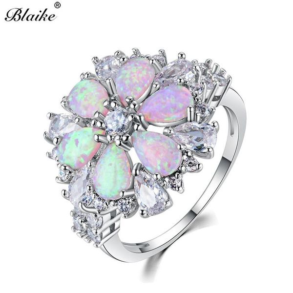 

cluster rings blaike luxury full stone pink fire opal flower for women 925 sterling silver water drop zircon birthstone fine jewelry, Golden;silver