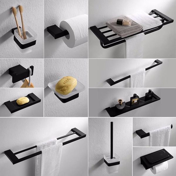 

bath accessory set bathroom towel rack corner shelf paper holder,toilet brush holder,mablack stainless steel hardware