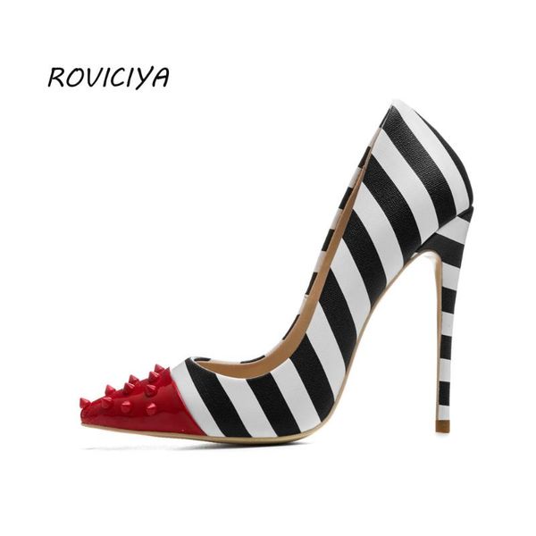 

women high heels pointed toe party wedding stiletto shoes black white stripes with rivet 12cm thin 34-45 md004 roviciya dress