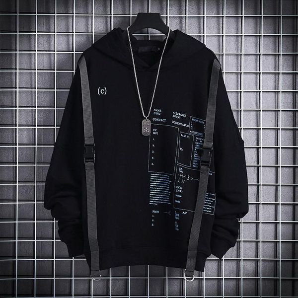 

men's hoodies & sweatshirts ribbons techwear hip hop hooded autumn winter men sport letter casual streetwear black male pullover