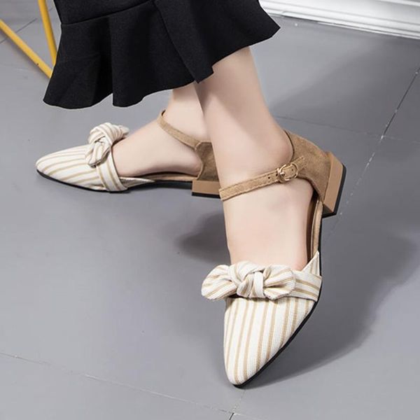 

summer women sandals pointed toe ankle strap striped flat woman flats bow ladies shoes zapatos mujer, Black