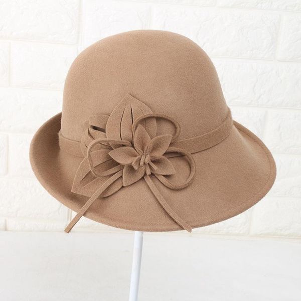 

stingy brim hats autumn/winter hat lady's woolen felt flower winter elegant basin women wool, Blue;gray