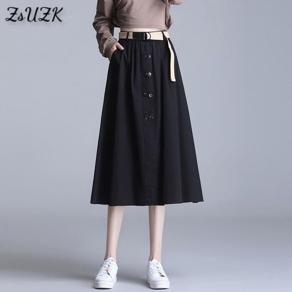 

skirts women solid single-breasted pocket a-line spring summer korea style elastic high waist female mid-long skirt, Black