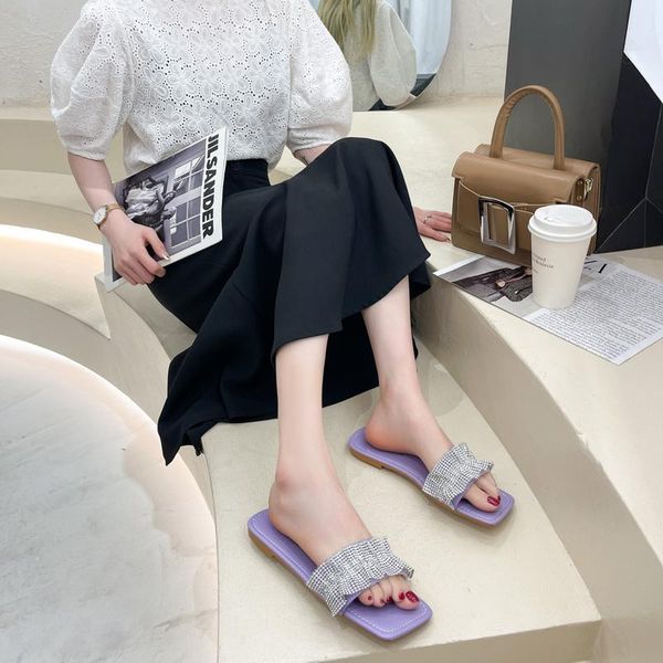 

slippers fashion rhinestone flat women summer comfortable lightweight sandals all-match women's shoes, Black