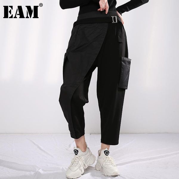 

women's pants & capris [eam] high elastic waist pocket leisure long black harem trousers loose fit women fashion spring autumn 2021 1y4, Black;white