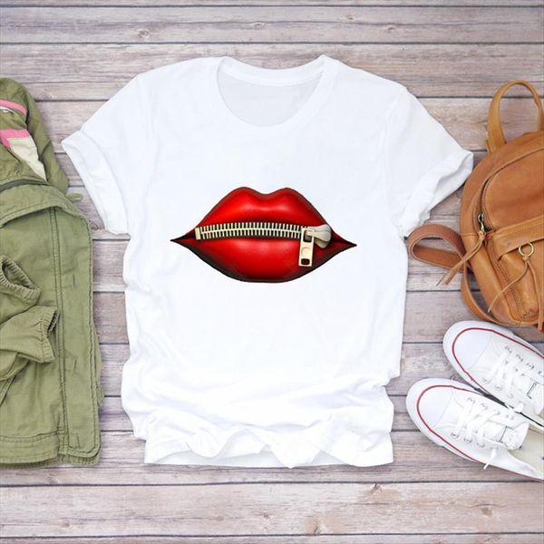 

cartoon lip funny fashion womens t shirt clothing cute floral women print ladies graphic female tee, White