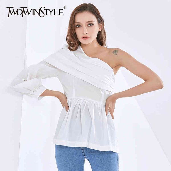 

white shirt for women skew collar long sleeve one off shoulder high waist ruffles elegant blouse female style 210524